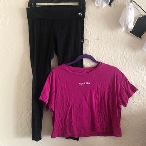 Victoria’s Secret Pink Love You T-Shirt Black Bleach Splatter Fold Over Leggings